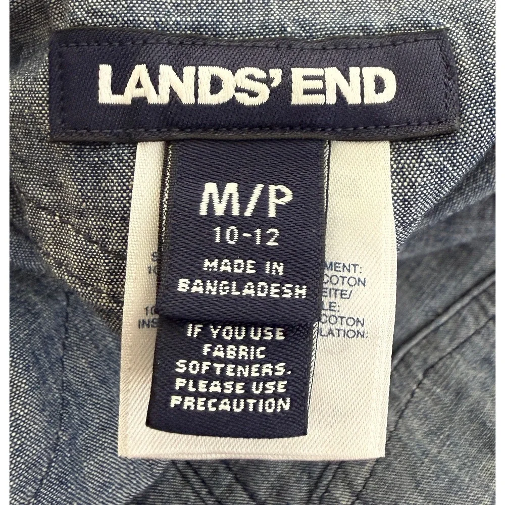 Lands End Womens Reversible Quilted Barn Jacket Chore Coat Blue Chambray Plaid M